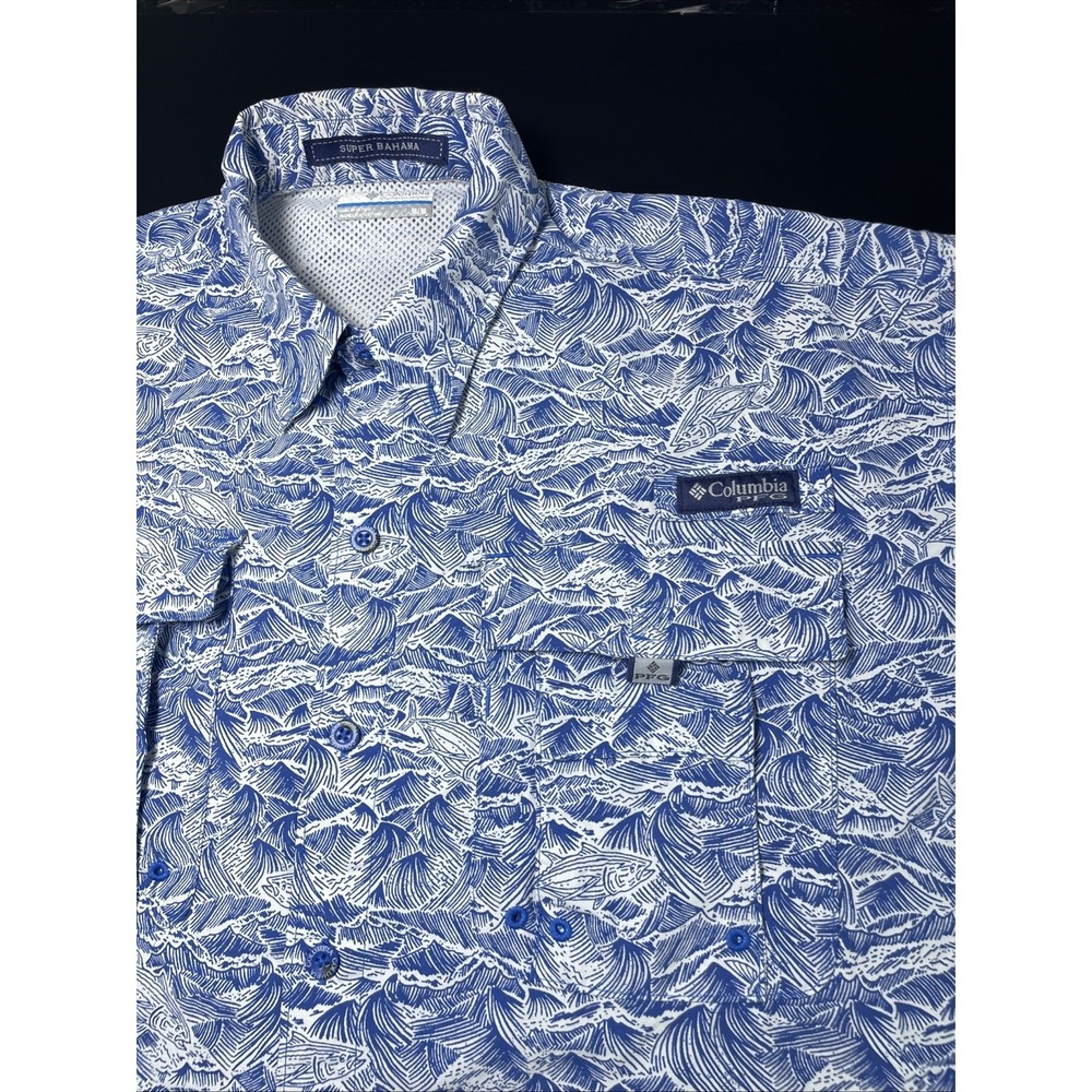 Columbia PFG Super Bahama Vented Blue Tuna Print Shirt Mens Medium Omni-Shade